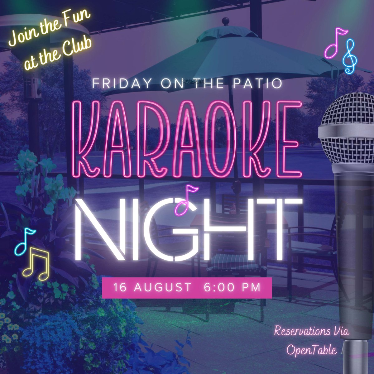 stcgcc's tweet photo. Save the Date!🎤🎶
Our popular Karaoke is back - Friday, August 16.

This fun event sells out quickly, and it's a great way to kick off the weekend on the patio. Reserve via OpenTable while there's still room.

Link on Member Central.

#partyonthepatio #clubevents #stcgcc https://t.co/XT14nHRL3C