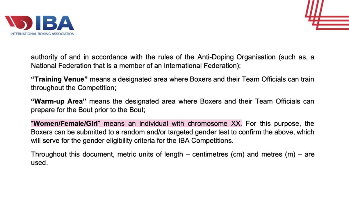 reduxx's tweet photo. 🚨BREAKING UPDATE🚨

The @IBA_Boxing has released a statement on the 2023 disqualification of Khelif and Lin from the Women's World Boxing Championship.

In the statement, the IBA explicitly notes that the two boxers did NOT undergo a test examining their testosterone levels.

This is crucial, as misinformation has been spread attributing Lin and Khelif's disqualification to simple elevated testosterone levels alone. Those circulating this misinformation are under the impression that Lin and Khelif possess XX Chromosomes, and have questioned the reporting suggesting that may not be the case.

It is now confirmed that their testosterone was not checked, nor was it the reason for their disqualification or stated competitive advantage.

Instead, the IBA says a "separate and recognized" test was conducted which found both boxers to be ineligible to compete in women's boxing. 

The IBA also references the 2023 New Delhi board meeting minutes, which, when examined, reveal that samples from these two boxers were examined by two separate laboratories that found they did not meet the eligibility criteria.

Equally as crucial: Neither Lin nor Khelif contested the decision by the IBA.

As their testosterone was not examined, it becomes exceedingly obvious that the IBA did, in fact, subject Lin and Khelif to chromosomal testing. 

This is something that was informally confirmed by IBA President Umar Kremlev to Tass News in 2023, who added that the disqualified boxers had "XY chromosomes."

This is further confirmed by the fact that the IBA defines "woman" as "an individual with chromosome XX." It also outlines that a boxer may be subjected to tests to confirm if they have such chromosomes, which serves as the eligibility criteria for women's IBA boxing.

Reduxx is pleased that the IBA released this crucial statement confirming that neither Lin nor Khelif should be boxing against females, and we call on the @iocmedia to do the right thing and immediately cancel the matches scheduled for both boxers before a woman is seriously injured.