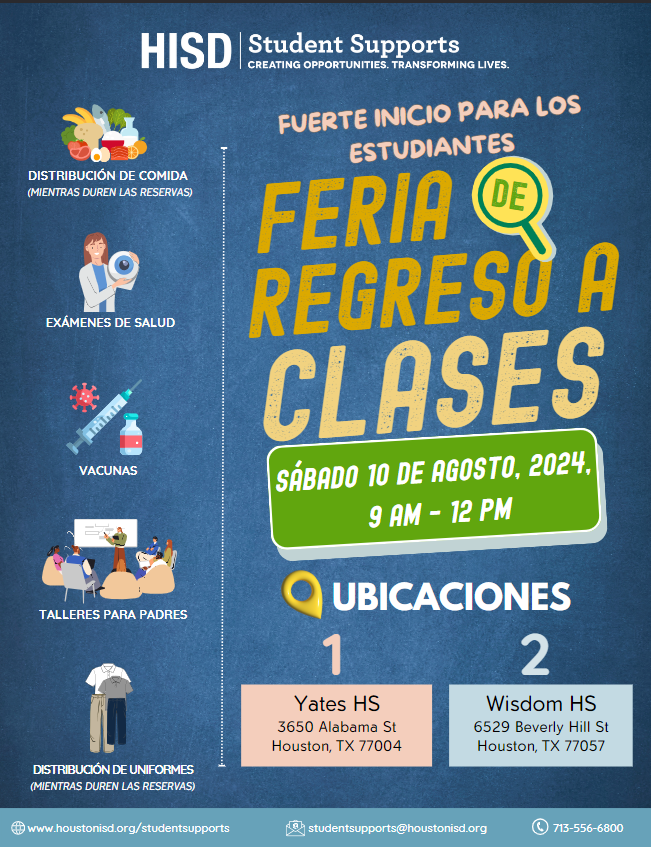 Attention: <a href="/WIStevensonMS/">Stevenson Dragons</a> @HisdSouth Division &amp; Student Supports will be hosting a Back-to-School Fair, SAT, AUG 10th (9AM-12PM) <a href="/JackYatesHigh/">Jack Yates High</a>. Free resources &amp; services for Ss, incl. school supplies, uniforms, vision &amp; health screenings, food distribution, &amp; parent workshops.