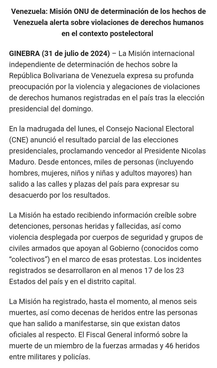 NoticiasONU's tweet image. 🔴Misión ONU de determinación de los hechos de #Venezuela alerta sobre violaciones de derechos humanos en el contexto postelectoral.