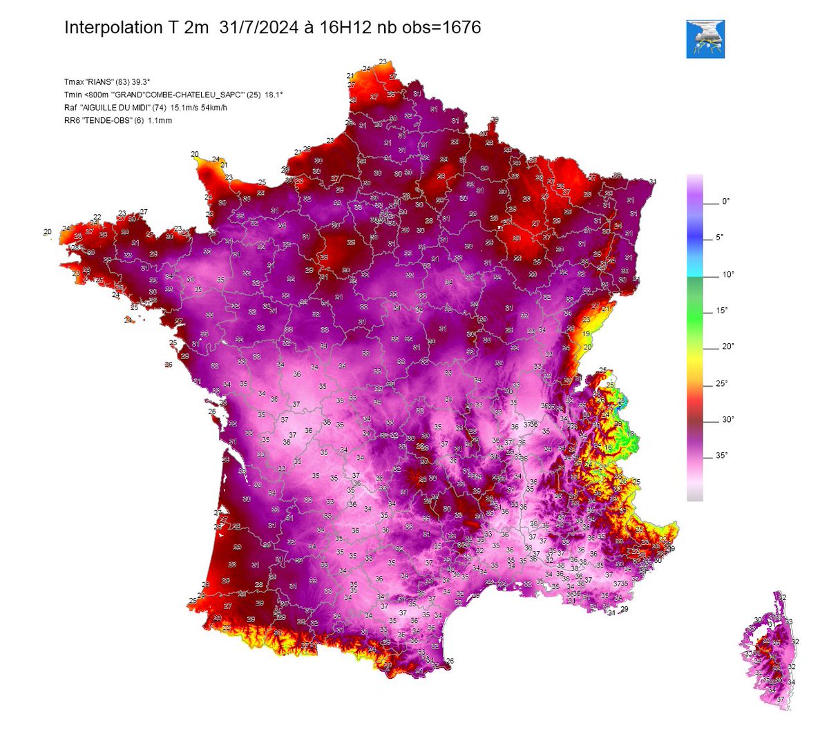 meteophile's tweet photo. Températures observées sous abris à 2m le mercredi 31/07/24 à 16H12
Jusqu'à 38.9° à #Rians dans le Var
Quelques zone de fraîcheur 27° après le passage d'un orage sur la moitié nord.
https://t.co/IuNLPu2YBe https://t.co/7F7Q4sba9h