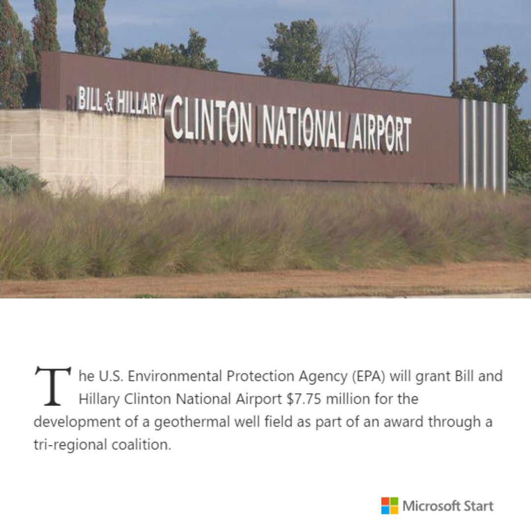 The U.S. Environmental Protection Agency (EPA) will grant Bill and Hillary Clinton National Airport $7.75 million for the development of a geothermal well field as part of an award through a tri-regional coalition.

bit.ly/3SuDqAG