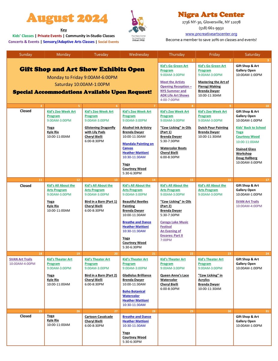 The August calendar for the #NigraArtsCenter is out! Join us for a variety of art classes. We are also excited to host the Caroga Lake Music Festival on August 15 and be a stop on SVAN’s Art Trails the weekend of August 17! Learn more about our events at bit.ly/PNCCAEvents.