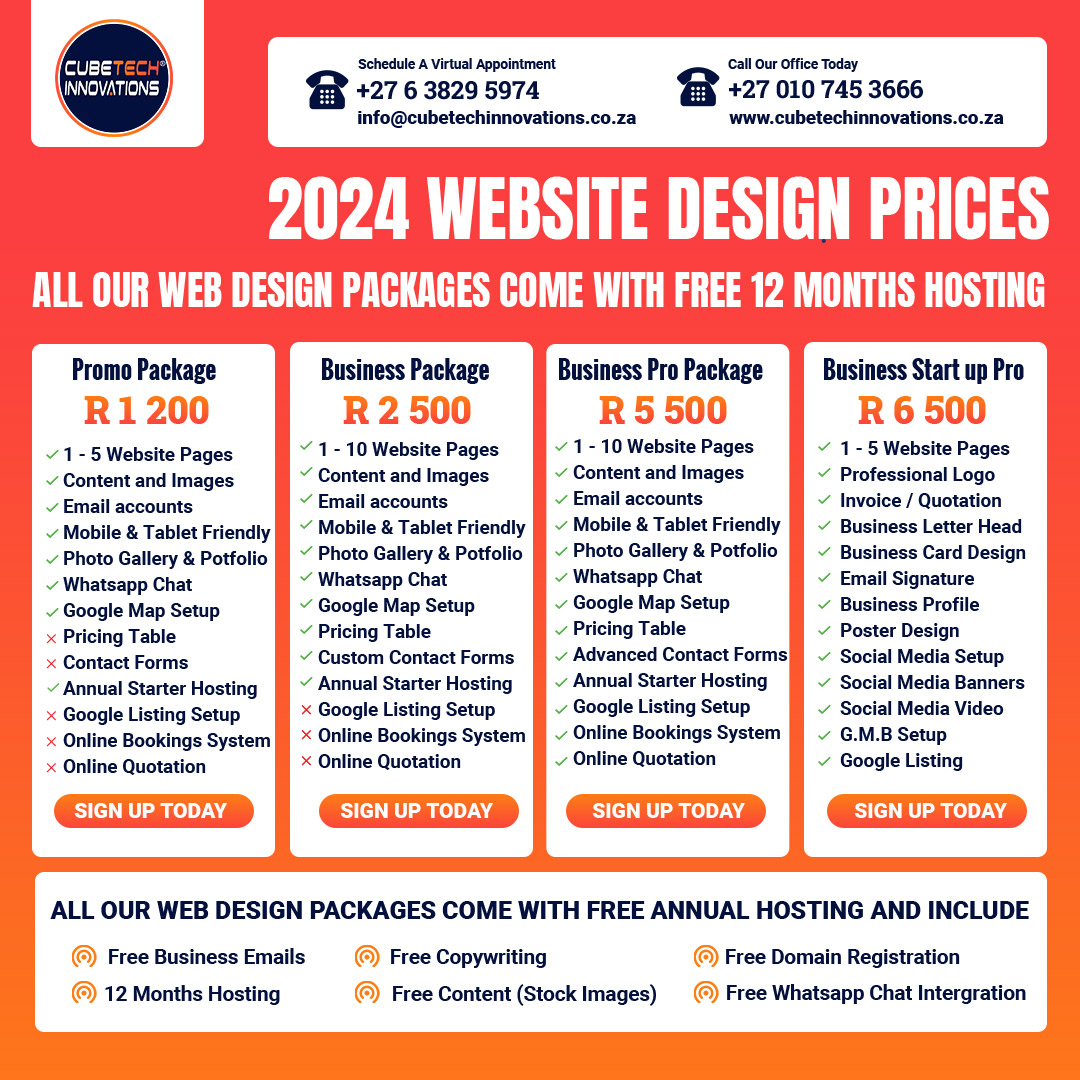 Website Designing from R1200
What we offer:
✅ Company Profile
✅ Social Marketing
✅ Logo Design
✅ Invoice Template design
✅ Quotation design
✅ Modern C.V Design
✅ Poster

063 829 5974
wa.me/27638295974
cubetechinnovations.co.za 
#homeaffairs #Chidimma