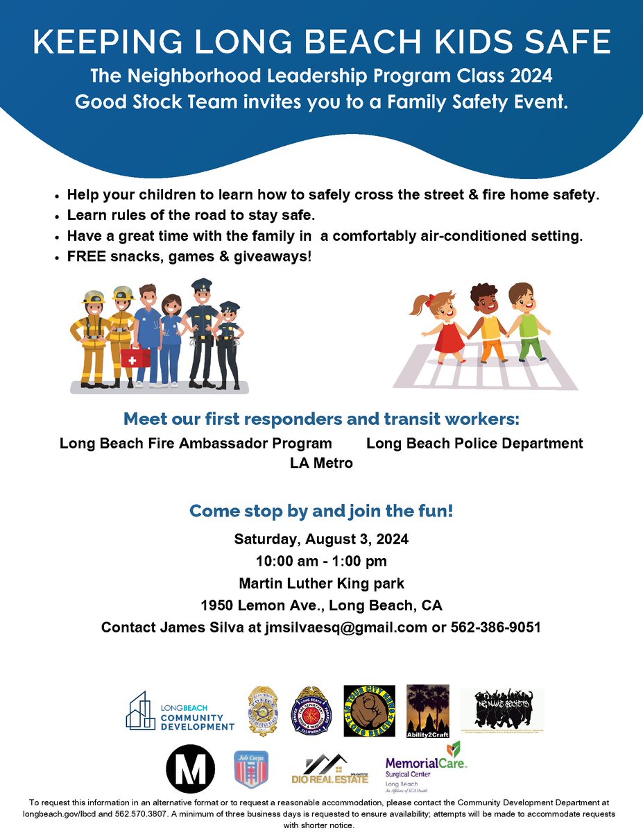 LongBeachBuilds's tweet photo. Join us for one of our two Neighborhood Leadership Program (NLP) community projects this Saturday, Aug. 3, 2024! ๐
Come help us #KeepLBClean or learn about safety with your children!๐งน๐ฆบ
๐To learn about the NLP, visit https://t.co/1ITic0TMOb https://t.co/7csh8SjwLV