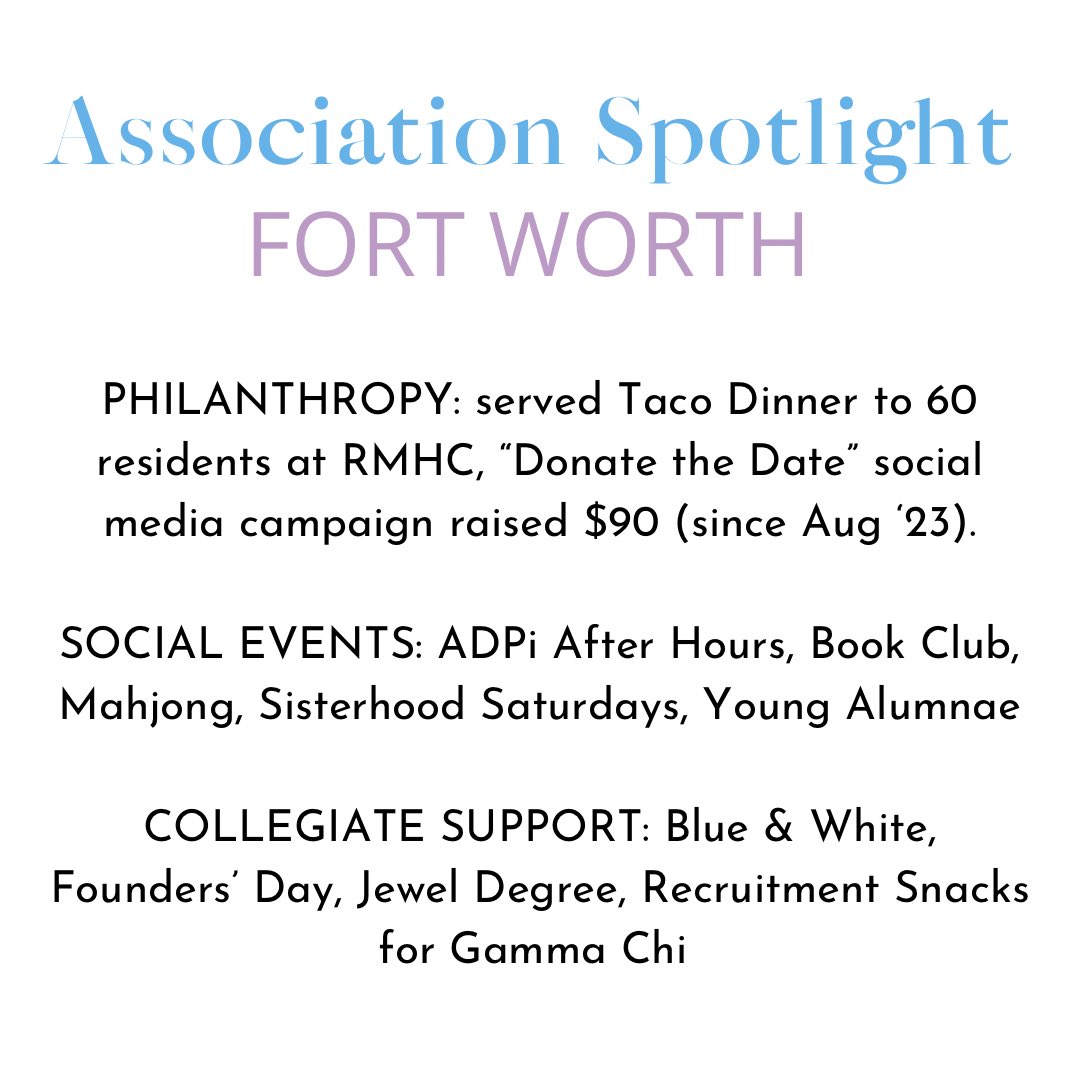 We will be highlighting our Texas alumnae associations throughout the next six months. This week we are featuring our Fort Worth Alumnae Association.
 
#WLFEOWednesday #AlphaDeltaPi #ADPiAlumnae #ADPiTexasInitiative