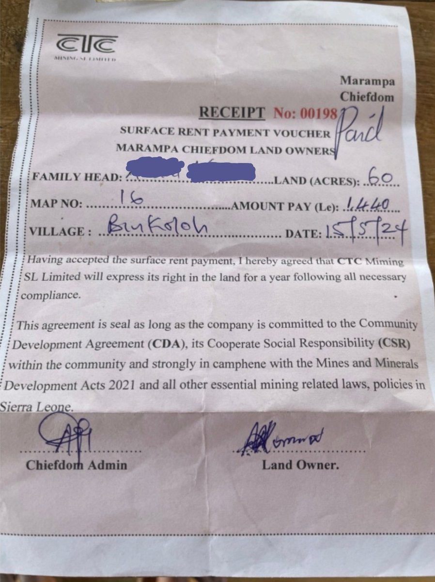 #Salone's formula for #Mining continues to be poverty-inducing. #Bauxite miner CTC in Port Loko pays Le 24 (about $1) per acre as yearly rent to landowners. There is no lease agreement as required by law. The resource curse is truly alive. <a href="/nmaslinfo/">NMA</a>
