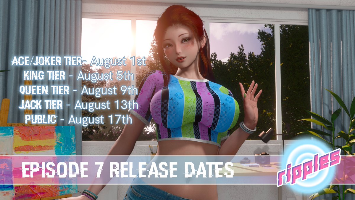 Episode 7 Release Dates and Changelog
Changelog:

-1651 New Images
-122 New Animations
-9,500+ New Lines of Code
-24 New Music Tracks
-New Gallery Scenes
-New Hidden Renders
-Several Code and Render Fixes
-Ren'py Updated from 8.1.3 to 8.2.1
-Many other small things