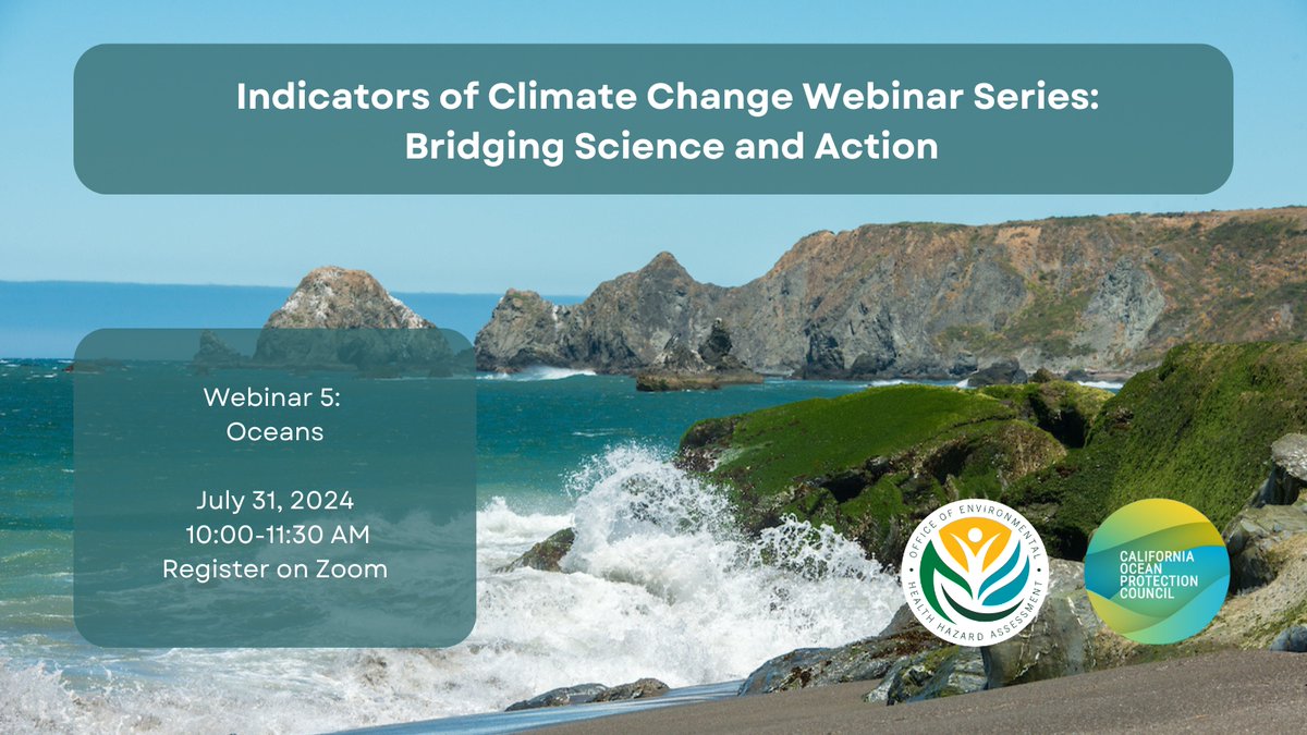 OEHHA (@oehha) on Twitter photo TODAY at 10 AM! Webinar exploring how #ClimateChange impacts our #oceans 🌊
➡️ Registration: bit.ly/3LBCpmr
<a href="/OEHHA/">OEHHA</a> & <a href="/OPC_California/">California Ocean Protection Council (OPC)</a> are thrilled <a href="/NOAAFish_WCRO/">NOAAFish_WCRO</a>, <a href="/TribeWiyot/">Wiyot Tribe</a>, <a href="/CityofSanRafael/">City of San Rafael</a>, <a href="/canalalliance/">Canal Alliance</a>, & @CaWaterBoardsare #BridgingScienceAndAction w/ us! TODAY at 10 AM! Webinar exploring how #ClimateChange impacts our #oceans 🌊
➡️ Registration: bit.ly/3LBCpmr
<a href="/OEHHA/">OEHHA</a> & <a href="/OPC_California/">California Ocean Protection Council (OPC)</a> are thrilled <a href="/NOAAFish_WCRO/">NOAAFish_WCRO</a>, <a href="/TribeWiyot/">Wiyot Tribe</a>, <a href="/CityofSanRafael/">City of San Rafael</a>, <a href="/canalalliance/">Canal Alliance</a>, & @CaWaterBoardsare #BridgingScienceAndAction w/ us!