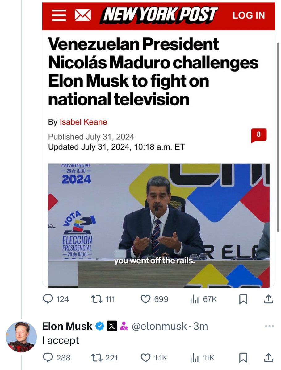 EmmaRincon's tweet photo. Elon Musk dice que acepta el reto de Maduro a una pelea en televisión.

Deberían organizarla en Las Vegas para dar un mejor espectáculo cuando llegue la DEA a capturar al narco terrorista. https://t.co/HIUBfnjy73