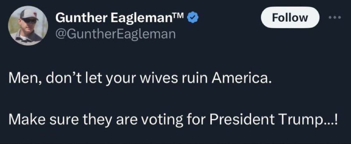 SgtTibbles's tweet photo. Guys like Gunty here are a prime example of the conservative need to control their wives. Apparently having your own opinions is a no-no for the poor folks in relationships with these assholes.
#DavidFreeman #GuntherEagledouche https://t.co/MgM1ssnGSL