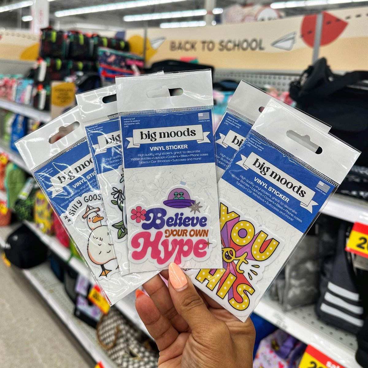 ShopMoods's tweet photo. Personalize your school supplies with Big Moods’ stickers. ✨
 
Just landed in the Back To School section at @meijer! Our stickers are durable and waterproof which makes them perfect for adding some personality to water bottles, laptops, journals and more. Head to your local Meijer store to snag your new favorite stickers before they’re gone. #ShopMoods