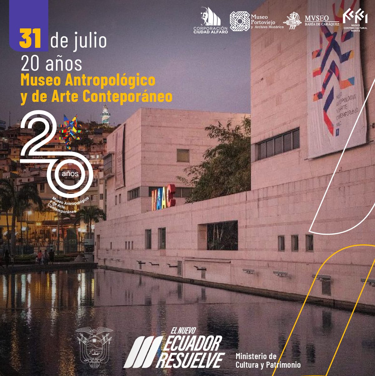 📌 Desde Manabí, saludamos al Museo Antropológico y de Arte Contemporáneo <a href="/MaacEc/">MaacEc</a> por sus 20 años en la difusión y preservación del arte y la cultura de nuestro país 🇪🇨. 

Somos <a href="/Cultura_Ec/">Viceministerio de Cultura y Patrimonio 🇪🇨</a>