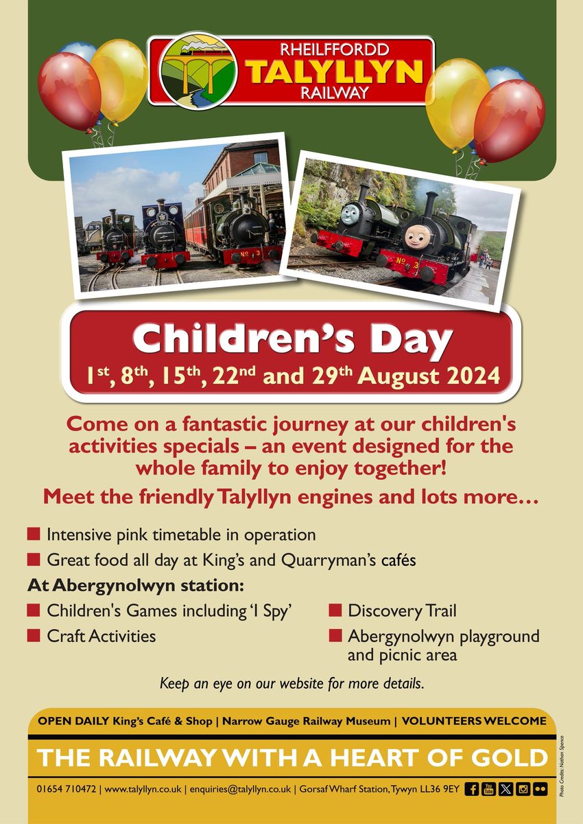 TalyllynRailway's tweet photo. We have got a jam packed August full of events for you to enjoy - starting tomorrow with our Children's Day!

🎉Children's Day - Every Thursday
🍽️Fish 'n' Chip Flyer - Every Friday (Except 16th)
☀️Sunset Specials - Every Wednesday &amp; Sunday
🍽️A Taste of Wales - Every Wednesday https://t.co/B8OG5Ivd0T