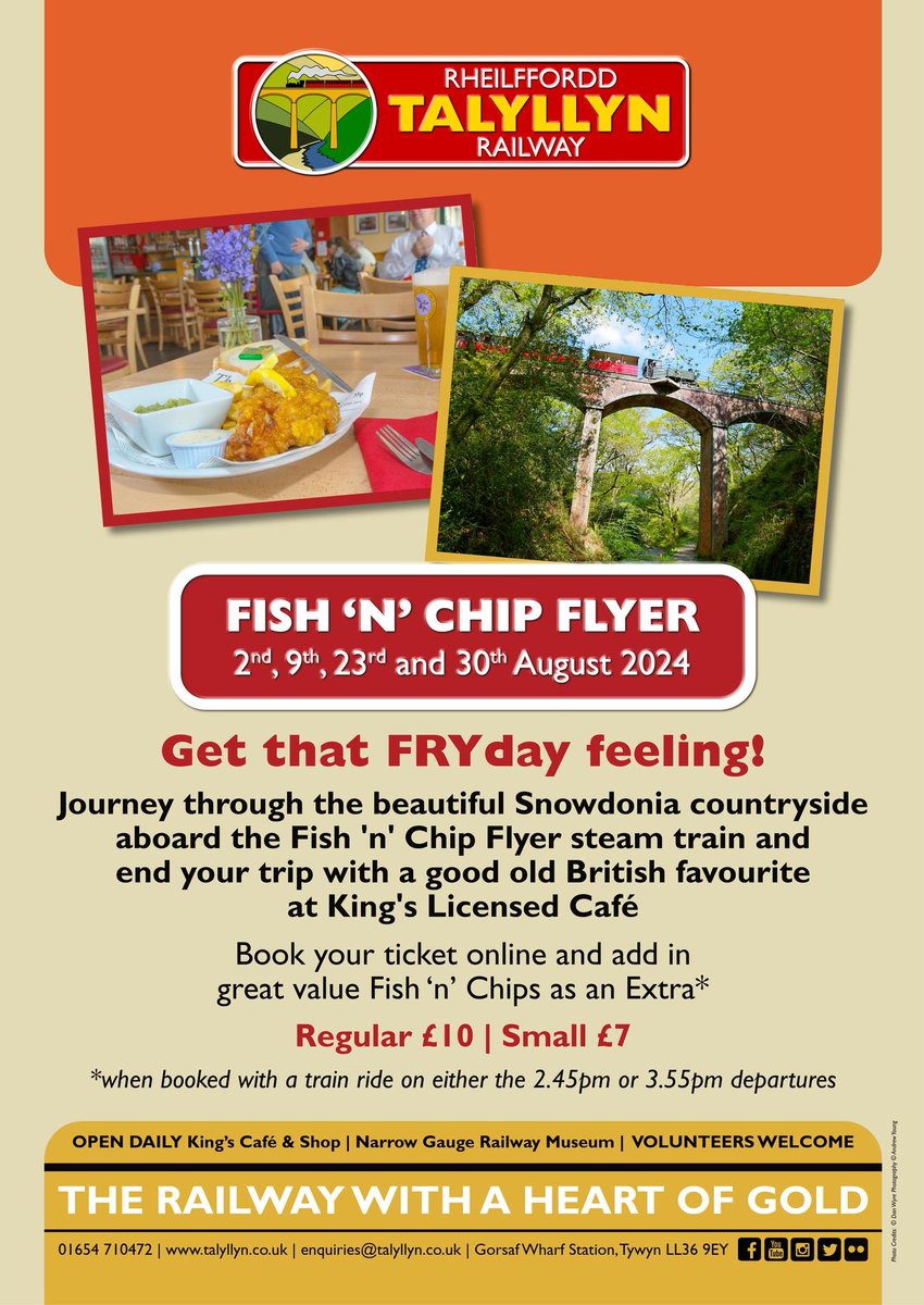 TalyllynRailway's tweet photo. We have got a jam packed August full of events for you to enjoy - starting tomorrow with our Children's Day!

🎉Children's Day - Every Thursday
🍽️Fish 'n' Chip Flyer - Every Friday (Except 16th)
☀️Sunset Specials - Every Wednesday &amp; Sunday
🍽️A Taste of Wales - Every Wednesday https://t.co/B8OG5Ivd0T