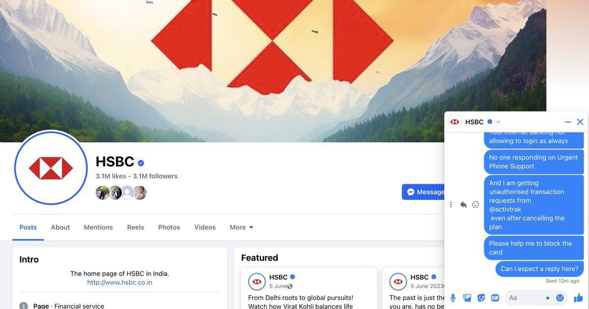 kunal_rsk's tweet photo. @HSBC_IN @HSBC @activtrak This is your facebook chat for such a critical issue
No response on phone, facebook, email, online portal, chat
And that too for such a critical issue of unauthorized transaction on Card
How can such a Bank Credit Card be trusted? https://t.co/z8zrwIkG82