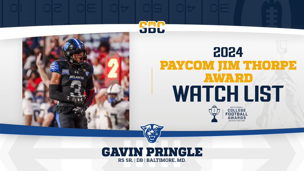 𝗣𝗔𝗡𝗧𝗛𝗘𝗥 𝗢𝗡 𝗧𝗛𝗘 𝗣𝗥𝗢𝗪𝗟.

<a href="/GeorgiaStateFB/">GSU Football</a> redshirt senior defensive back <a href="/GavinPringle_/">Gavin P.</a>—a 2024 Preseason All-<a href="/SunBeltFB/">Sun Belt Football</a> First Team pick—named to the <a href="/jimthorpeaward/">Paycom Jim Thorpe Award</a> Preseason Watch List. ☀️🏈

📰 » sunbelt.me/3SopsjW