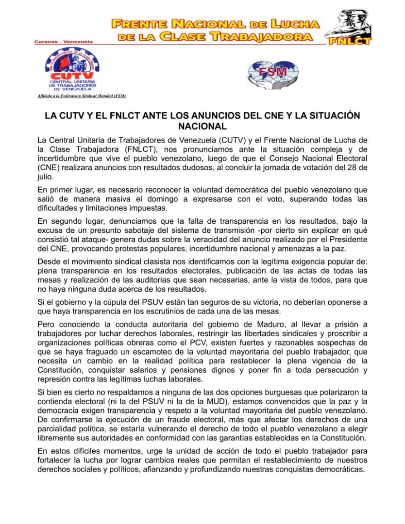 CUTV_Venezuela's tweet photo. Posición de @CUTV_Venezuela y @FNLCT.
Falta de transparencia en los escrutinios genera desconfianza en los resultados.El CNE debe publicar actas de todas las mesas y deben cumplirse las auditorías necesarias.El pueblo merece respeto.
¡No a la represión de las protestas pacíficas! https://t.co/CZWA9M5d9m