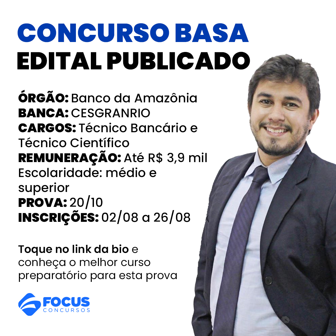 O edital do Concurso BASA foi publicado com 450  vagas, entre imediatas e cadastro de reserva. 

Toque no link e conheça o melhor curso preparatório para esta prova.  🚀 focusconcursos.com.br/cursos/basico-… 

 #focusconcursospúblicos #focusconcursos #BASA