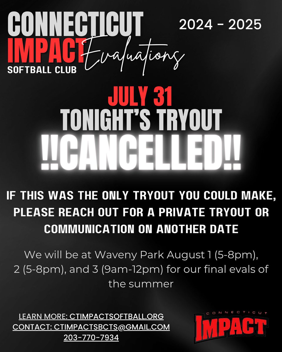 JULY 31 TRYOUT CANCELLED

Tonight’s eval is cancelled, if this was the only tryout you were able to make please reach out for a private evaluation. 

We’re on the next 3 days at Waveny Park. Hope to see you there!