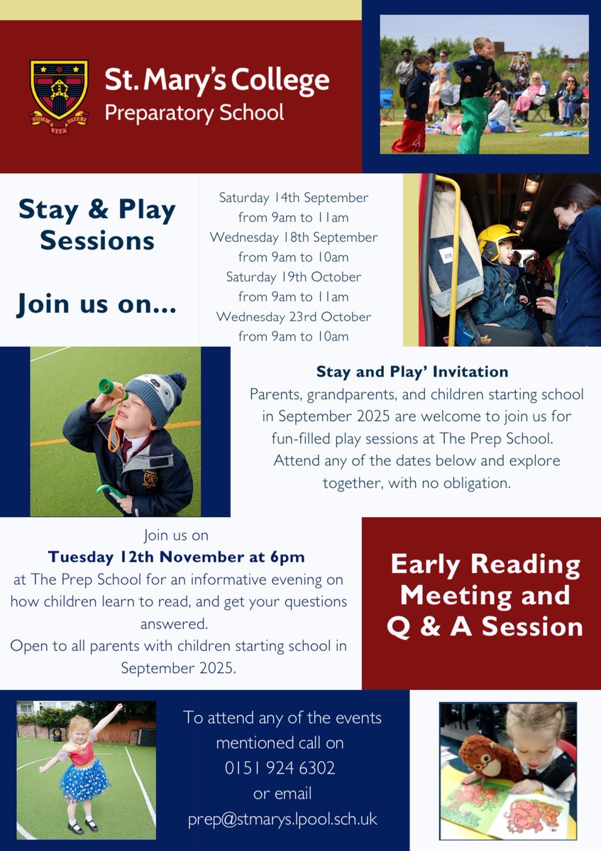 stmarys_prep's tweet image. Check out our upcoming events at the Prep! ✨

📆 Stay &amp;amp; Play sessions for parents, grandparents and children starting school in September 2025. 

📅 Early Reading Meeting and Q &amp;amp; A Session on Tuesday 12th November, 6pm. 

#joinus #events #earlyyearsdevelopment #crosby