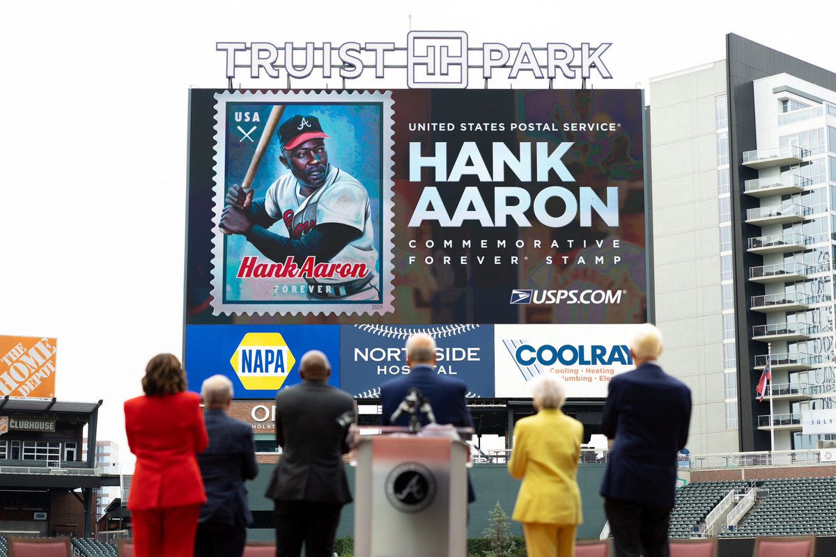 Braves's tweet photo. Today, we welcomed the @USPS and Mrs. Billye Aaron for the unveiling of a special Forever stamp honoring the life and legacy of our #44 💙

Available for purchase at your local Post Office or https://t.co/fbMzIAnIbX https://t.co/p0lz25zzNS