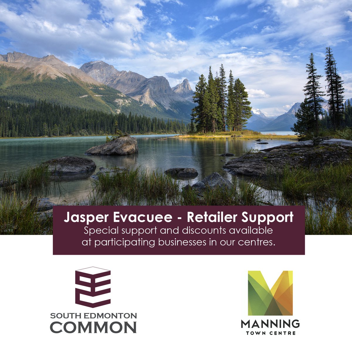 Several of our generous tenant businesses have offered support to the Jasper evacuees. Please see below links for more information on what is available.
>South Edmonton Common (on Calgary Trail) - southedmontoncommon.com/promotions/jas…
>Manning Town Centre (Manning Dr) manningtowncentre.com/news/jasper202…