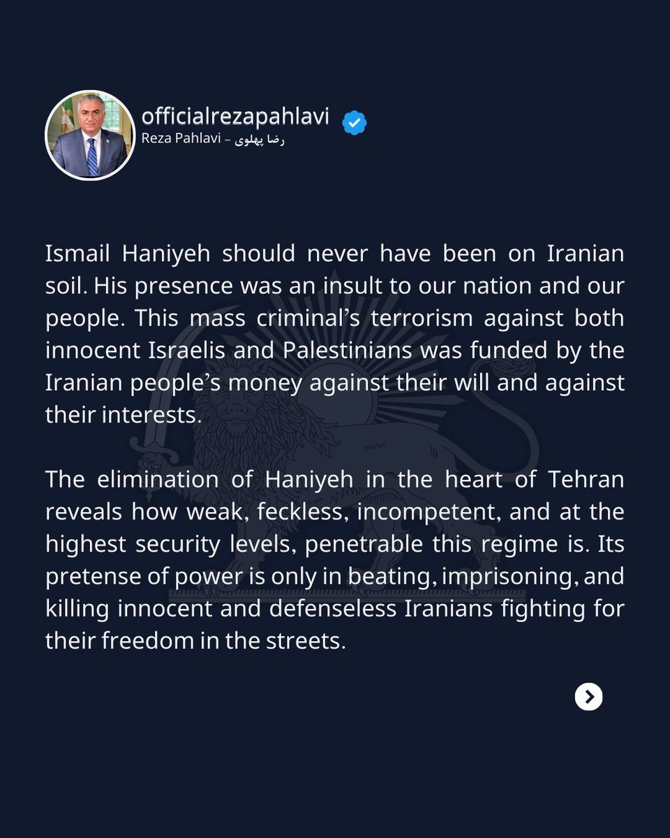 PahlaviReza's tweet photo. اسماعیل هنیه اساسا هرگز نباید قدم به خاک ایران می‌گذاشت. حضور او در ایران، توهینی به کشور و ملت ما بود. هزینه تروریسم این ابَرجنایتکار علیه اسرائیلی‌ها و فلسطینی‌های بی‌گناه از پول مردم ایران و برخلاف خواست و منافع آنها تأمین می‌شد.

حذف #هنیه در قلب تهران نشان می‌دهد که رژیم جمهوری اسلامی چه اندازه ضعیف، بی‌کفایت و در بالاترین سطح امنیتی، نفوذپذیر است. این رژیم، تنها با ضرب و شتم، زندانی کردن و کشتن ایرانیان بی‌گناه و بی‌دفاعی که برای آزادی خود در خیابان‌ها مبارزه می‌کنند، تظاهر به قدرت می‌کند.

این مبارزان شجاع ایرانی، راه‌حل نهایی و تنها مسیر رسیدن به صلح پایدار در خاورمیانه هستند. با حمایت از آنها برای سرنگونی علی خامنه‌ای و خلافت تبهکار او، منطقه ما سرانجام می‌تواند دوباره در صلح و ثبات باشد.