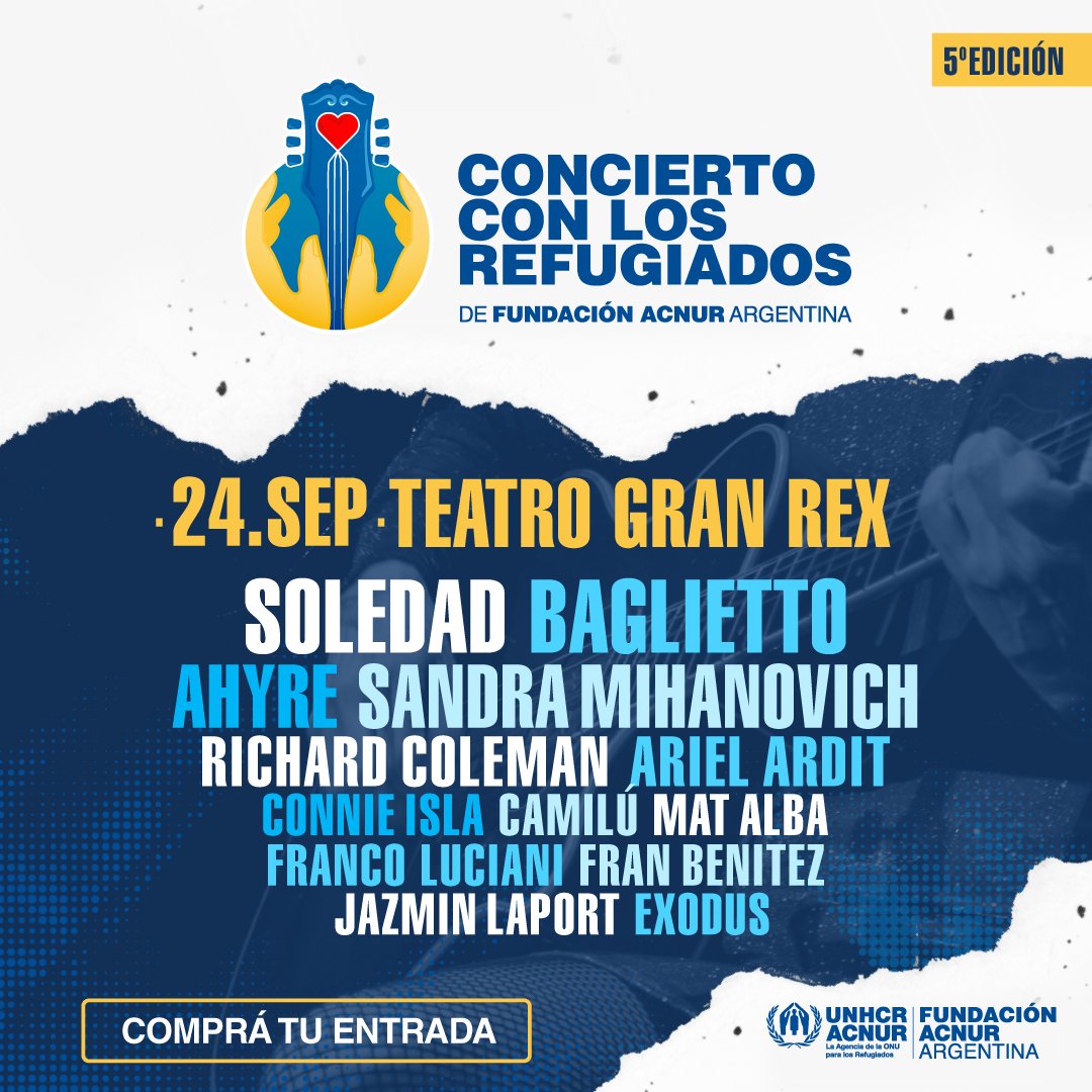🎸¡Llega el 5° Concierto con los Refugiados a beneficio de Fundación ACNUR!🤘

A partir de hoy podés conseguir tus entradas en: i.mtr.cool/bgrlpmmwam

¡No te lo podés perder! Nos vemos el 24 de septiembre en el Teatro Gran Rex