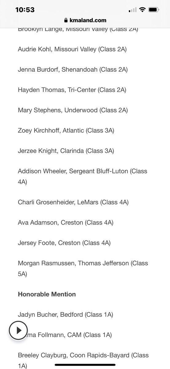 Let us all congratulate Morgan Rasmussen as she got Third Team All-State for Class 5A! 🧡🖤

kmaland.com/sports/igca-re…