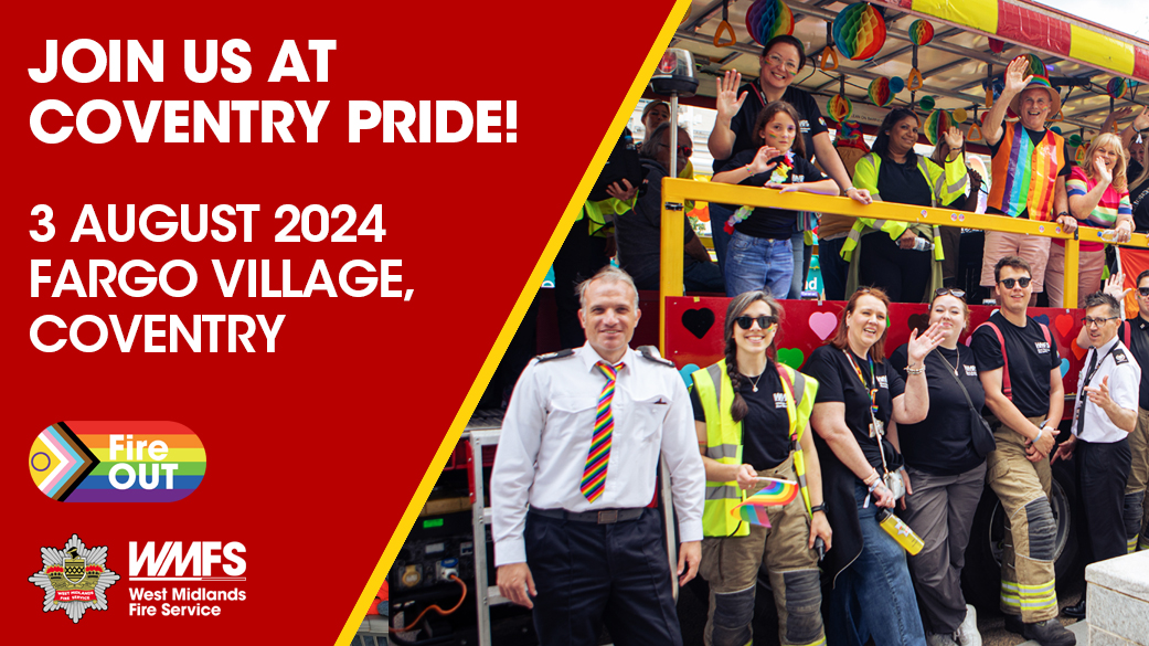 West Midlands Fire Service is excited to be attending <a href="/PrideCov/">Coventry Pride 🏳‍🌈🏳️‍⚧️</a> this Saturday (3 August) 🏳️‍🌈

Give us a wave and tag <a href="/WestMidsFire/">West Midlands Fire Service</a> in your pics if you see us 📷 📷 

Have a fun and safe #pride.