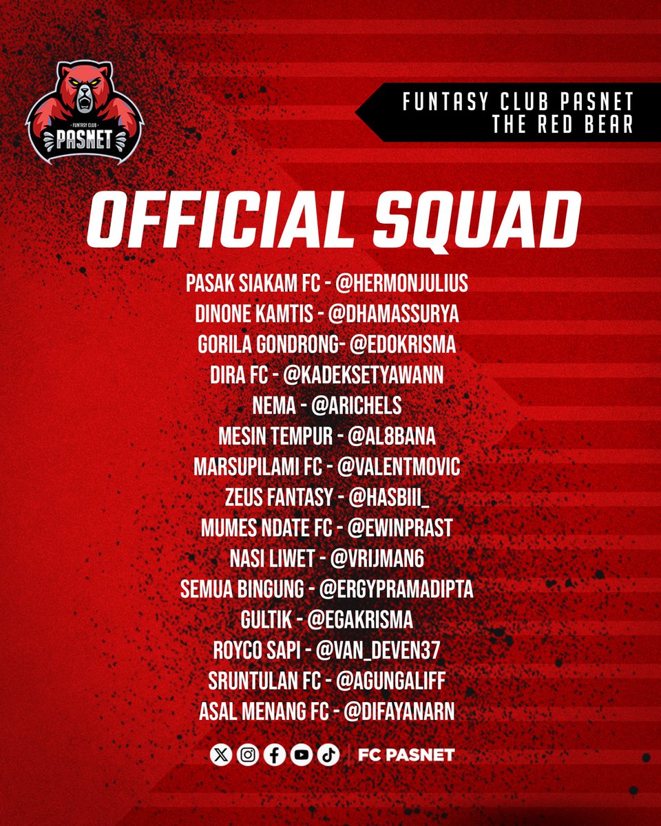 FUNTASY CLUB PASNET (@fcpasnet) on Twitter photo Berikut daftar pemain kami, Funtasy Club Pasnet mengarungi musim 2024-2025 <a href="/LigaBRFI/">Battle Royale FPL Indonesia</a> #BRFILiga4 #SemangatBaruBRFI . 15 pemain terpilih yang masing-masing dikontrak dengan nilai mahar tinggi! Semoga berbanding lurus dengan kontribusi poin untuk bawa kejayaan bagi FC Pasnet! 🐻🔥 Berikut daftar pemain kami, Funtasy Club Pasnet mengarungi musim 2024-2025 <a href="/LigaBRFI/">Battle Royale FPL Indonesia</a> #BRFILiga4 #SemangatBaruBRFI . 15 pemain terpilih yang masing-masing dikontrak dengan nilai mahar tinggi! Semoga berbanding lurus dengan kontribusi poin untuk bawa kejayaan bagi FC Pasnet! 🐻🔥