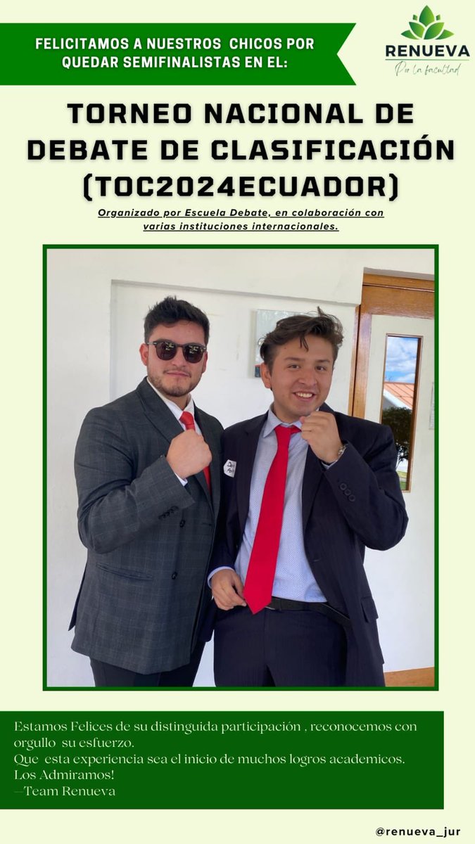 RenuevaJ's tweet photo. *Semifinalistas del Torneo Nacional de Debate*

Estamos Orgullosos de Ustedes💚
#Renueva_es_Hoy 

@OlmedoGsE 
@portero_dario https://t.co/6kL4zPySIf