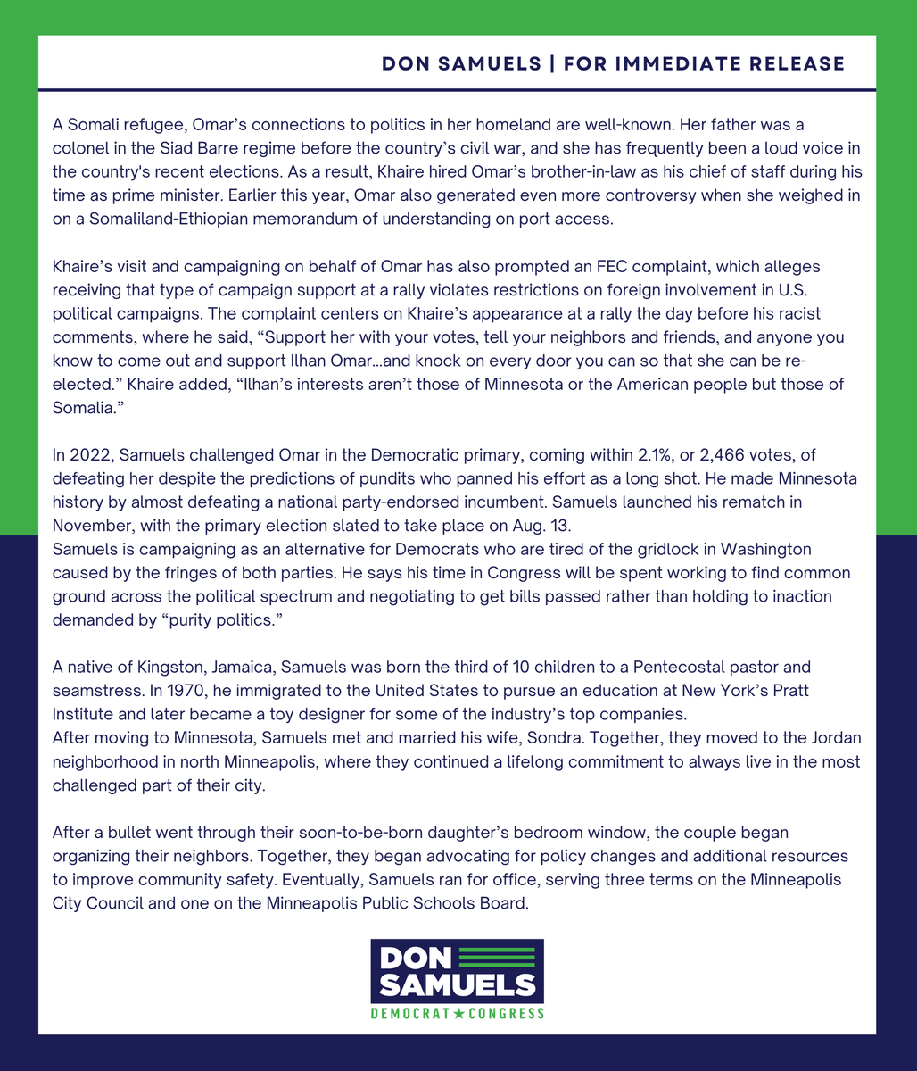 DonSamuelsMN's tweet image. It's been a month since Rep. Ilhan Omar stood by as her campaign surrogate -former prime minister of Somalia, Hassan Ali Khaire- said voting for a Black man was immoral. We call on Rep. Omar to immediately denounce his statements and apologize to the Black community in CD5.