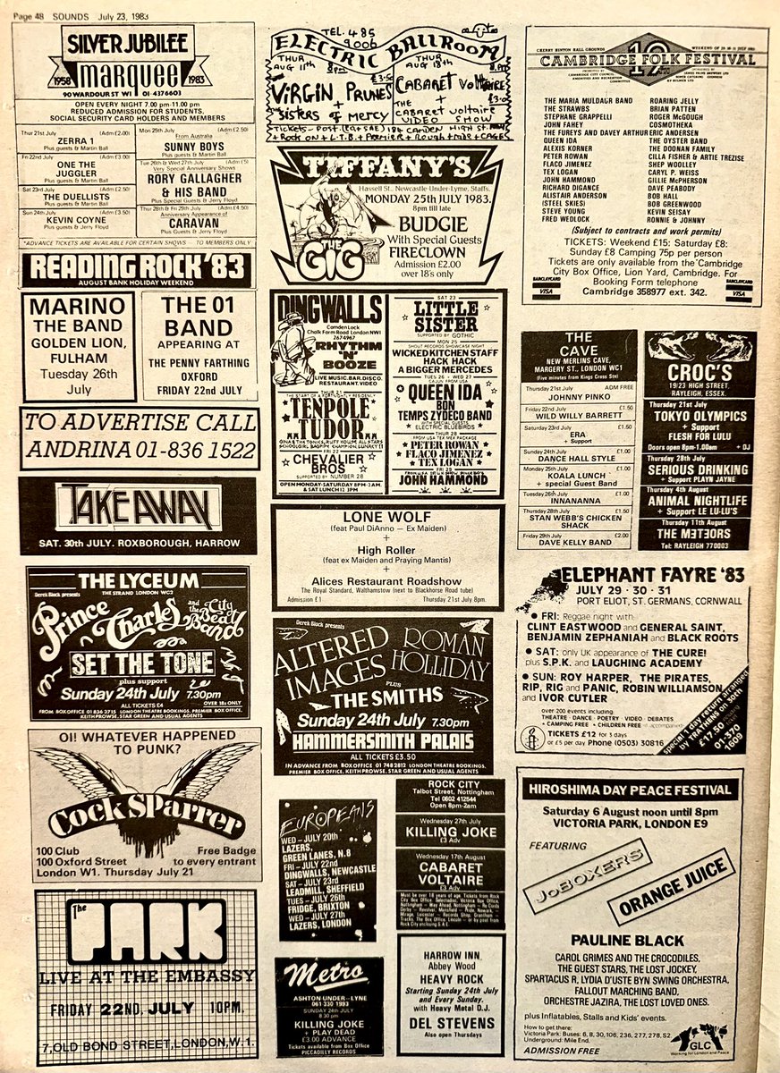 ZoundsAbound's tweet image. Well, @rorygallagher at the Marquee is the stand out show for me this week.

I will also be at the Hammersmith Palais for @AlteredImages5 #RomanHolliday &amp;amp; for the opening act, @Smiths_Official 

@virginprunes &amp;amp; #SistersofMercy at the Electric Ballroom too!

Sounds Jul 23rd 1983