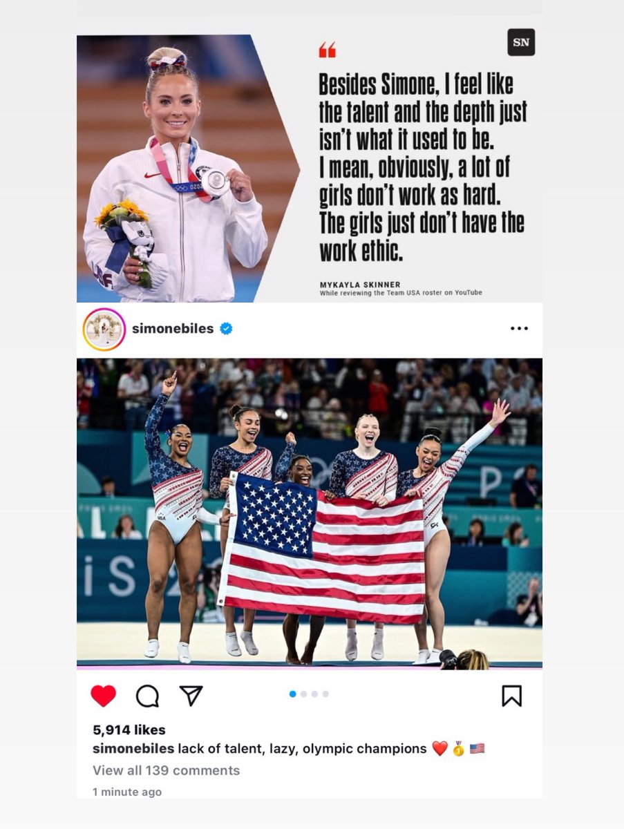 TheCartelDel's tweet image. If you didn't know the Olympic BEEF here: former gymnast US Silver Medallist Mykayla Skinner called the new US gymnastics team talentless and lazy. In response, they won Gold, Simone quoted her in the victory photo, and Mykayla blocked the whole team 💕