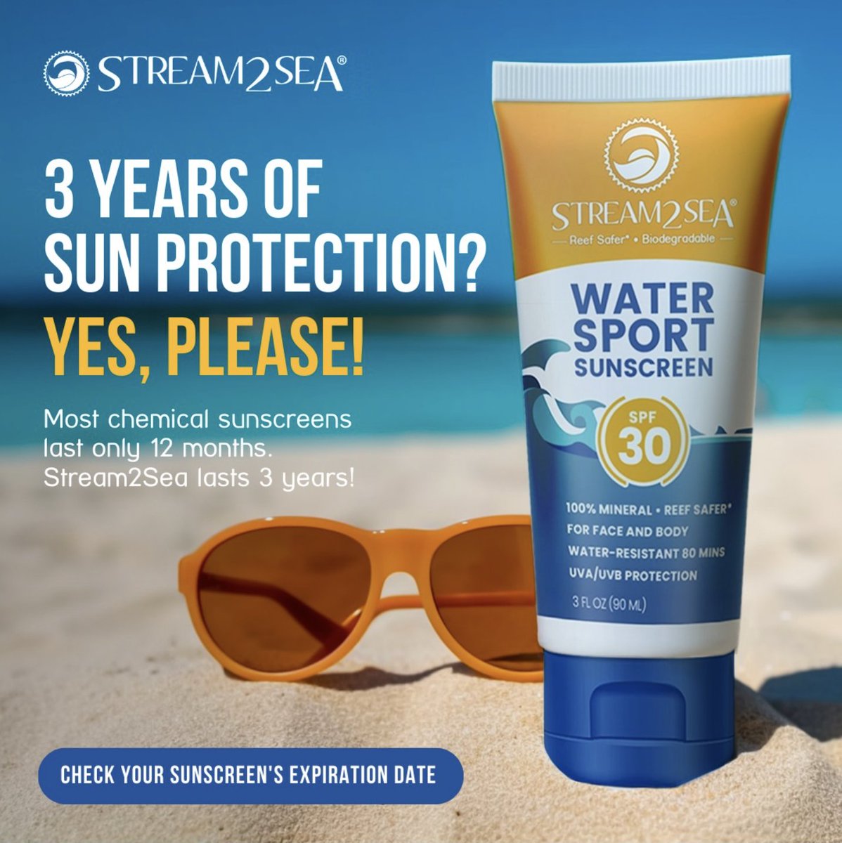 Did you know that most chemical sunscreens on the market expire after only twelve months? Stream2Sea mineral-based sunscreen has a shelf life of three years!⁠ Learn more: stream2sea.com⁠
⁠
⁠
#Stream2Sea #Sunscreen #EcoFriendly