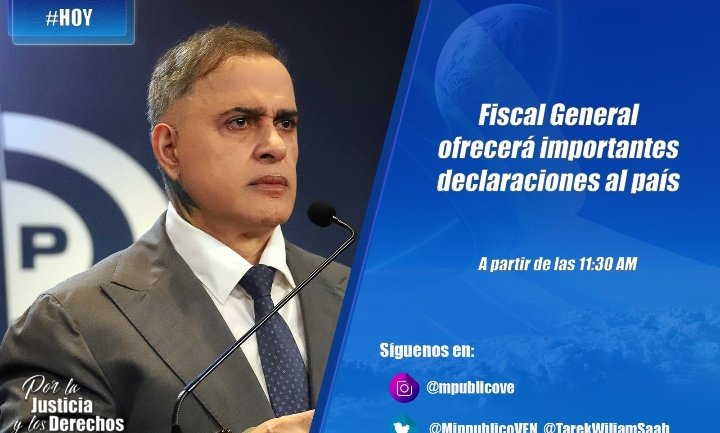 #Ahora Fiscal General 
<a href="/TarekWiliamSaab/">Tarek William Saab</a>
: Hoy miércoles tenemos una expresa calma en el territorio, gracias a que se ha manifestado el brazo de la justicia.
#31Jul
#VenezuelaEsPaz