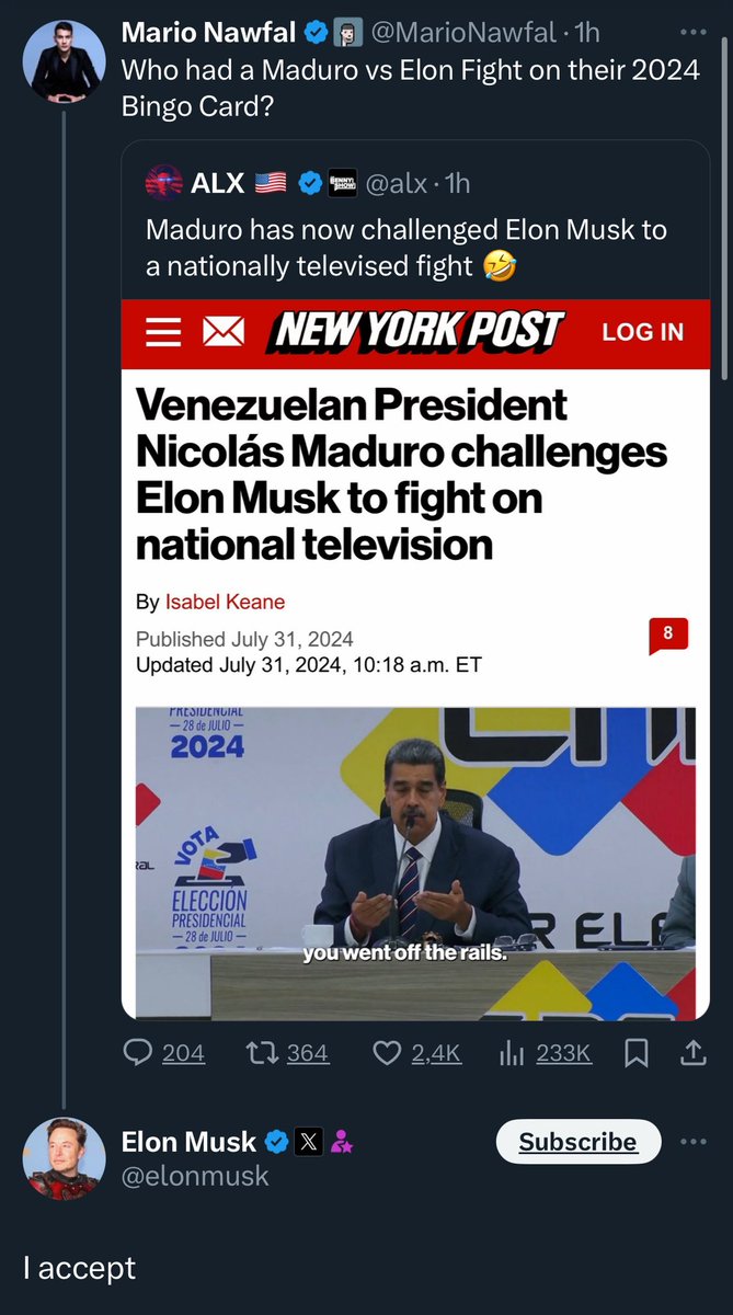 stats_feed's tweet photo. BREAKING: Elon Musk has accepted the challenge from Venezuelan President Nicolás Maduro to a fight on national TV https://t.co/17hi8ZL4Bl