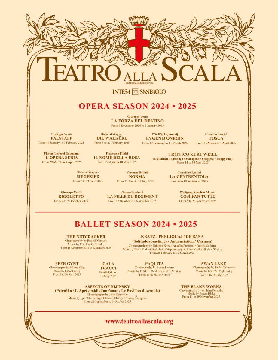 LeGrandMag_Com's tweet photo. La Scala announces its 2024-2025 Opera Season

#OperaLover #ClassicalMusic #OperaHouse #OperaSinger #LiveOpera #OperaSeason #OperaPassion #OperaLife #OperaPerformance #OperaArt https://t.co/faWZ95N4g5