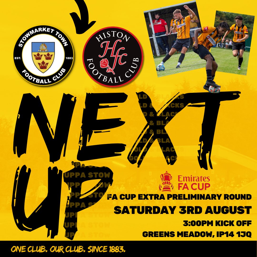 💛🖤 THIS SATURDAY! 🖤💛

Come and support your local team at our first game of the season, as part of the <a href="/EmiratesFACup/">Emirates FA Cup</a> Extra Preliminary Round. 

🆚 <a href="/HistonFC/">Histon Football Club</a> 
📆 Saturday 3rd August
⏰ Kick-off 15:00
🎟️ Adults £9, Concessions £6, Students £3, U16's £1, U12's free
🍺 Bar Open