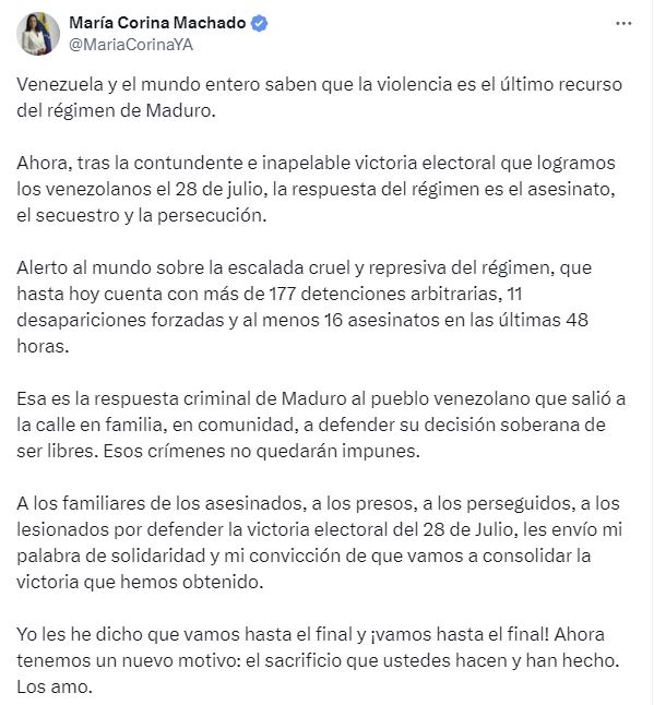 🔴La líder opositora María Corina Machado, alertó a través de su cuenta oficial de X, sobre una escalada represiva de la dictadura de Maduro y denunció 16 asesinatos. #RCVNoticias

Visite rcv.hn