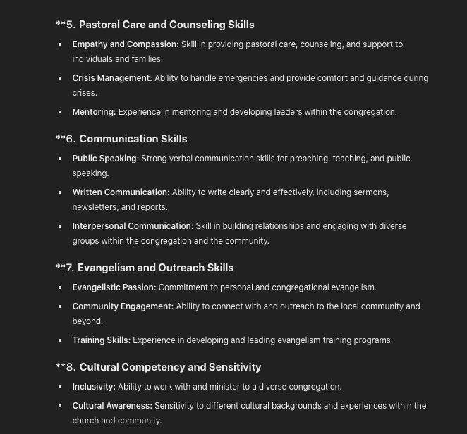 rhford123's tweet photo. I asked ChatGPT to analyze a job posting I found for a senior pastor of a growing, mid-sized church and to list the competencies needed to do the job well.

They're not unreasonable , but when considered cumulatively the pastoral burnout problem makes more sense. https://t.co/1eGZ3BmIjQ