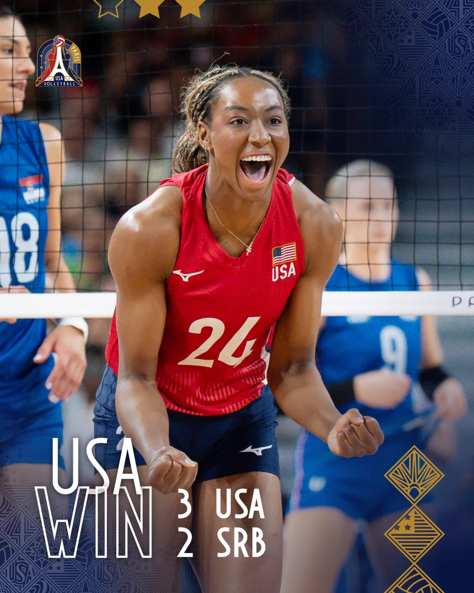 Chiaka Ogbogu celebrates. USA beats Serbia 3-2