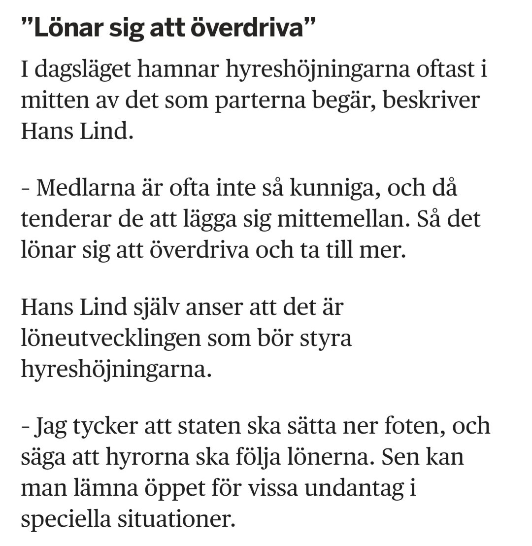 Fastighetsprofessor Hans Lind kallar hyreskravet för "oseriöst" och "larvigt" och menar att hyreshöjningarna borde regleras så de följer löneutvecklingen. Idag lönar det sig att överdriva kraven eftersom medlarna lägger sig mittemellan, menar han. #svpol tt.omni.se/experten-om-re…