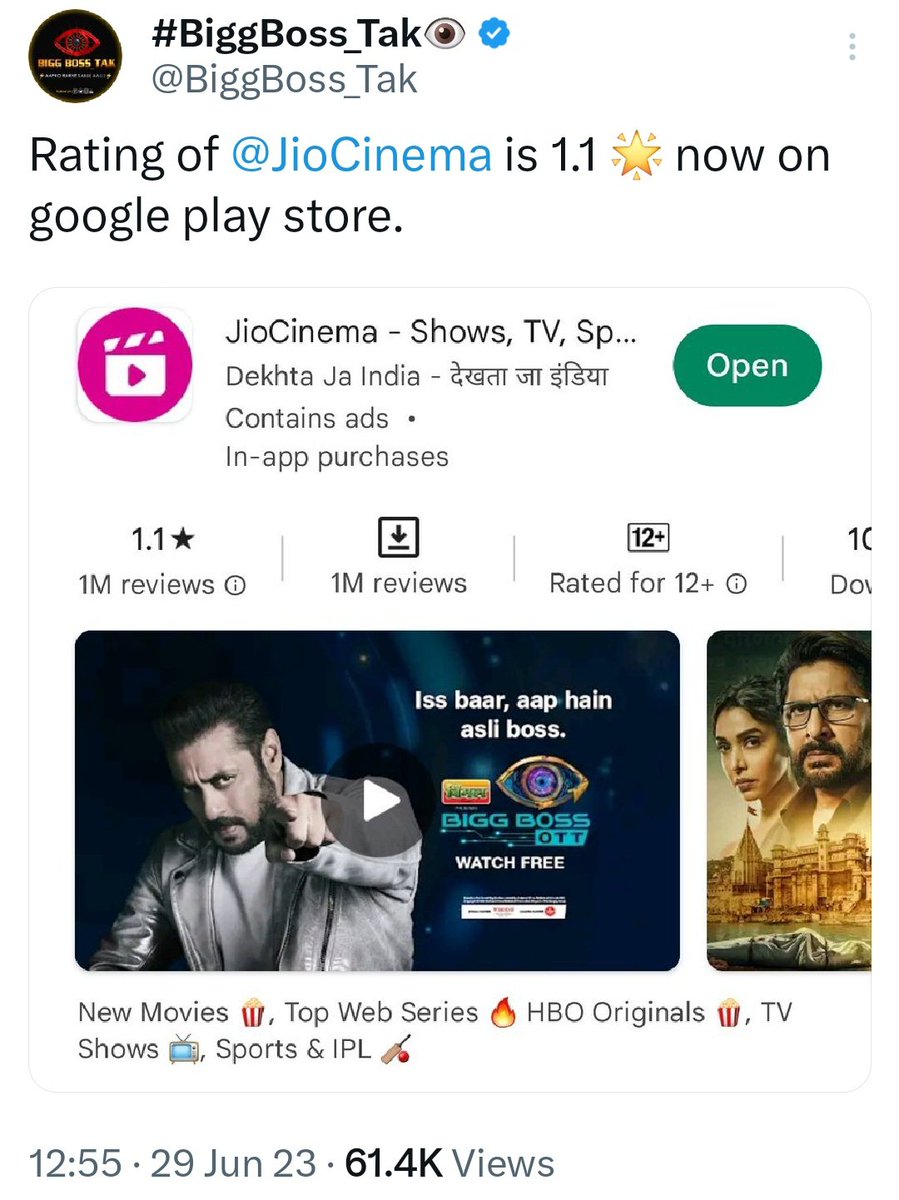 BiggBoss_Tak's tweet photo. When JioCinema's rating on Playstore dropped from 4.1 to 1.1 🌟 due to the unfair eviction of Lord Puneet Superstar. https://t.co/wEvT8nDuId