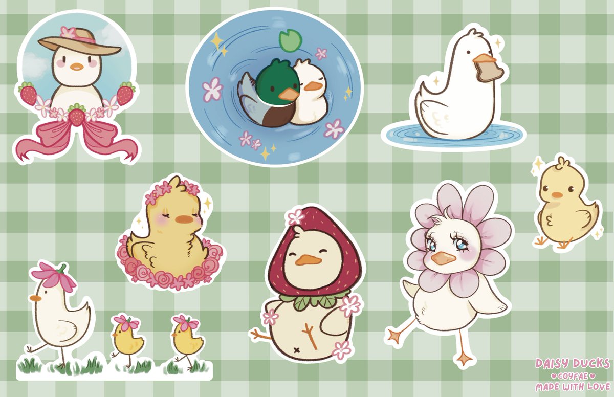 coyfaee's tweet photo. @Daisy_DucksVT commissioned me to make 2 sticker sheets for her plush duck business!! i had so much fun making these lil guys!! 🫧🪿💕 https://t.co/YNaYmWbP0p