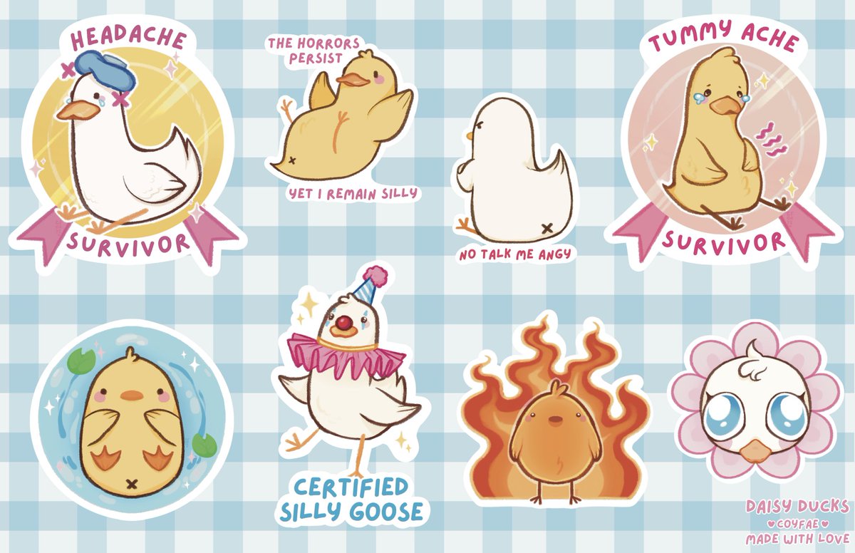 coyfaee's tweet photo. @Daisy_DucksVT commissioned me to make 2 sticker sheets for her plush duck business!! i had so much fun making these lil guys!! 🫧🪿💕 https://t.co/YNaYmWbP0p