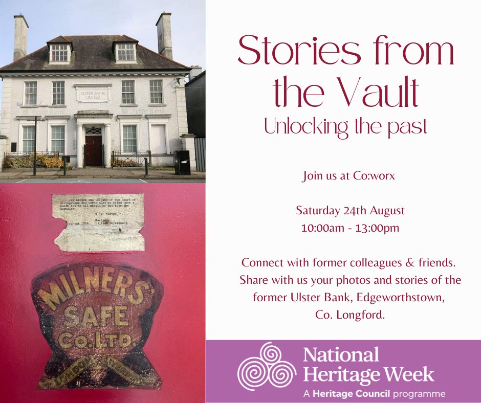 CO:WORX - Coworking Space in Longford ๐ (@coworx_ie) on Twitter photo We're excited to participate in <a href="/HeritageWeek/">National Heritage Week</a> with โStories from the Vaultโ.
We are asking anyone with photographs, memorabilia, or personal stories related to the former Ulster Bank to share them with us and allow us to preserve the banks rich historyโ๏ธ manager@coworx.ie We're excited to participate in <a href="/HeritageWeek/">National Heritage Week</a> with โStories from the Vaultโ.
We are asking anyone with photographs, memorabilia, or personal stories related to the former Ulster Bank to share them with us and allow us to preserve the banks rich historyโ๏ธ manager@coworx.ie