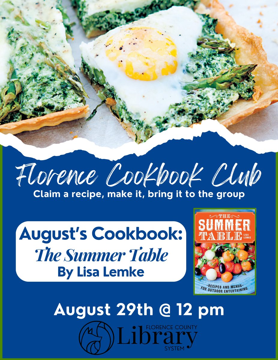 FloCoLibrarySC's tweet image. Our new Cookbook Club starts next week! Attendees will choose a recipe, prepare it, and bring it to enjoy. The first cookbook for August 29 at 12pm is The Summer Table by Lisa Lemke. Come by the reference desk select a recipe and register. Call (843) 413-7073 for more info.